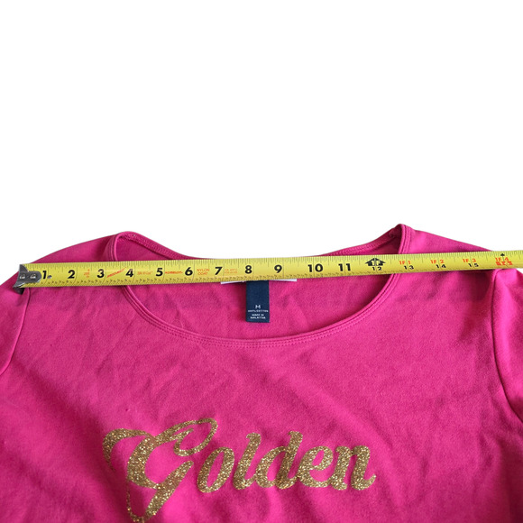 Women’s Medium Karen Scott Pink Glitter Graphic Scoop Neck 3/4 Sleeve Shirt - Picture 5 of 8